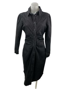 Reserved Black Denim Ruched Collared Long Sleeve Midi Bodycon Shirt Dress Sz 38